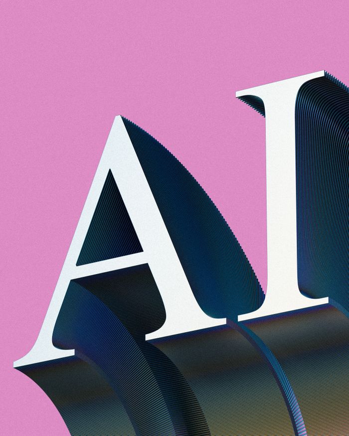 Creative AI typography art with gradient effects on a pink backdrop.